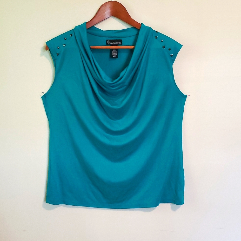 Professional business casual studded teal cowl neck blouse L